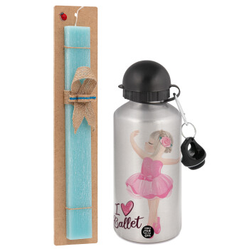 I Love Ballet, Easter Set, metallic silver aluminum water bottle (500ml) & scented flat Easter candle (30cm) (TURQUOISE)