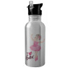 Water bottle Silver with straw, stainless steel 600ml