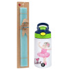 Easter Set, Children's thermal stainless steel bottle with safety straw, green/blue (350ml) & aromatic flat Easter candle (30cm) (TURQUOISE)