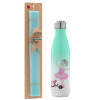 Easter Set, Metallic green/white thermos (Stainless steel), double-walled, 500ml & scented flat Easter candle (30cm) (TURQUOISE)