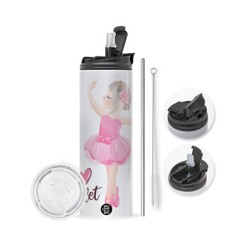 I Love Ballet, Travel Tumbler 2 Lids, with metal straw & cleaning brush (Stainless steel 304 Food grade, BPA free, 600ml)