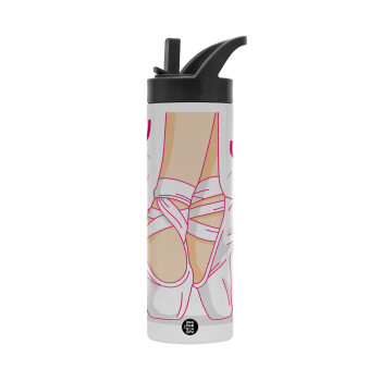 Πουεντ, Metallic thermos bottle with straw & handle, stainless steel (Stainless steel 304), double-walled, 600ml.