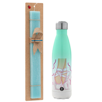 Πουεντ, Easter Set, Metallic green/white thermos (Stainless steel), double-walled, 500ml & scented flat Easter candle (30cm) (TURQUOISE)