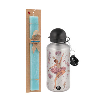 Ballet Dancer, Easter Set, metallic silver aluminum water bottle (500ml) & scented flat Easter candle (30cm) (TURQUOISE)