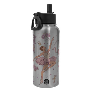 Ballet Dancer, Metal mug thermo Silver with Straw and Spout Lid (Stainless steel), double wall, 950ml