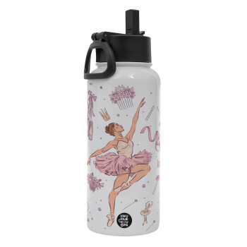 Ballet Dancer, Metal mug thermo White with Straw and Spout Lid (Stainless steel), double wall, 950ml