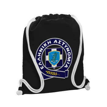 Ελληνική Αστυνομία, Backpack pouch GYMBAG Black, with pocket (40x48cm) & thick white cords