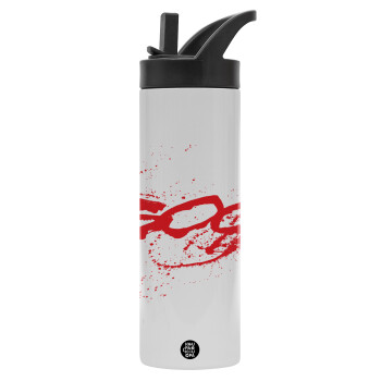 Οι 300 της Σπάρτης, Metallic thermos bottle with straw & handle, stainless steel (Stainless steel 304), double-walled, 600ml.