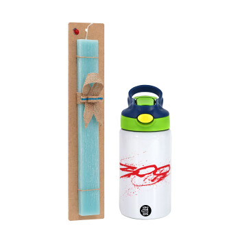 Οι 300 της Σπάρτης, Easter Set, Children's thermal stainless steel bottle with safety straw, green/blue (350ml) & aromatic flat Easter candle (30cm) (TURQUOISE)