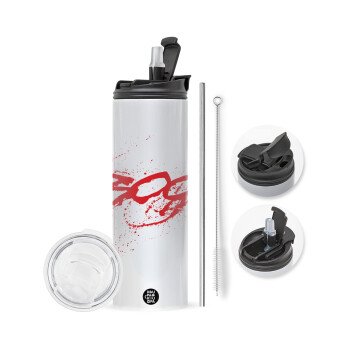 Οι 300 της Σπάρτης, Travel Tumbler θερμό με διπλό καπάκι, μεταλλικό καλαμάκι και βούρτσα καθαρισμού (Ανωξείδωτο 304 Food grade, BPA free, 600ml)