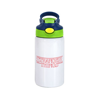 Stranger Things Logo, Children's hot water bottle, stainless steel, with safety straw, green, blue (350ml)