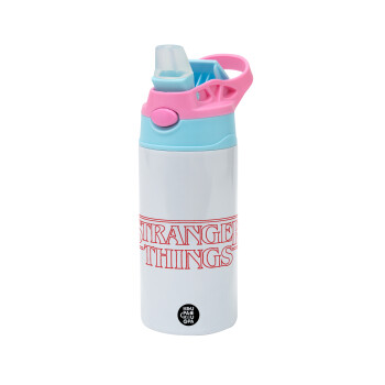 Stranger Things Logo, Children's hot water bottle, stainless steel, with safety straw, Pink/BlueCiel (360ml) BPA FREE