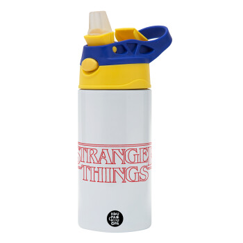 Stranger Things Logo, Children's hot water bottle, stainless steel, with safety straw, green, blue (360ml) BPA FREE