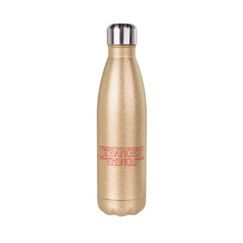 Stranger Things Logo, Glitter gold stainless steel thermos bottle, double-walled, 500ml