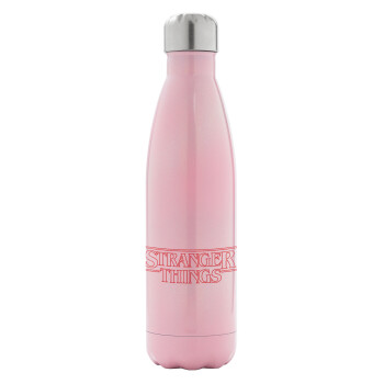 Stranger Things Logo, Metal mug thermos Pink Iridiscent (Stainless steel), double wall, 500ml