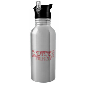 Stranger Things Logo, Water bottle Silver with straw, stainless steel 600ml