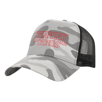 Stranger Things Logo, Καπέλο Ενηλίκων Structured Trucker, με Δίχτυ, (παραλλαγή) Army Camo (100% ΒΑΜΒΑΚΕΡΟ, ΕΝΗΛΙΚΩΝ, UNISEX, ONE SIZE)