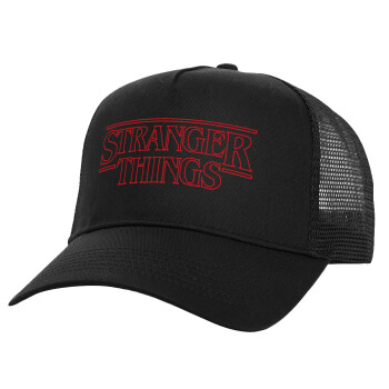 Stranger Things Logo, Structured Trucker Adult Hat, with Mesh, Black (100% COTTON, ADULT, UNISEX, ONE SIZE)