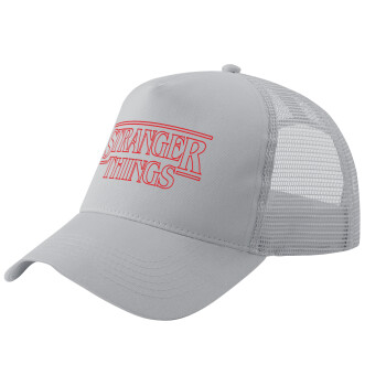 Stranger Things Logo, Adult Structured Trucker Hat, with Mesh, GRAY (100% COTTON, ADULT, UNISEX, ONE SIZE)