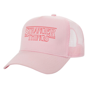 Stranger Things Logo, Adult Structured Trucker Hat, with Mesh, PINK (100% COTTON, ADULT, UNISEX, ONE SIZE)