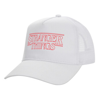 Stranger Things Logo, Structured Trucker Adult Hat, with Mesh, WHITE (100% COTTON, ADULT, UNISEX, ONE SIZE)