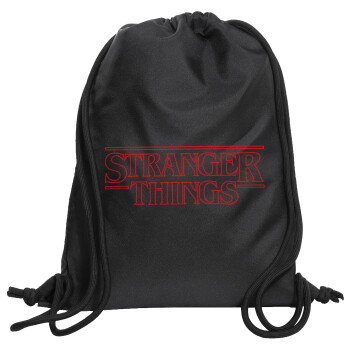 Stranger Things Logo, Backpack pouch GYMBAG Black, with pocket (40x48cm) & thick cords