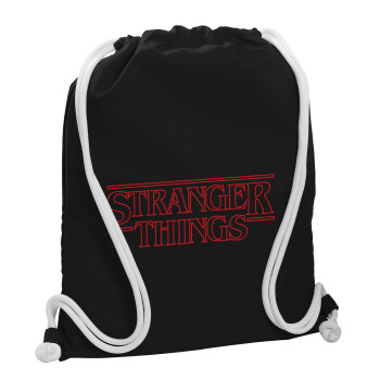 Stranger Things Logo, Τσάντα πλάτης πουγκί GYMBAG Μαύρη, με τσέπη (40x48cm) & χονδρά λευκά κορδόνια