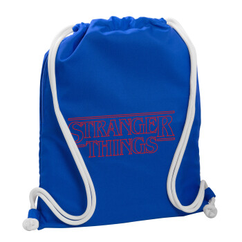 Stranger Things Logo, Backpack pouch GYMBAG Blue, with pocket (40x48cm) & thick cords