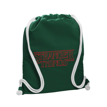 Stranger Things Logo, Backpack pouch GYMBAG BOTTLE GREEN, with pocket (40x48cm) & thick white cords