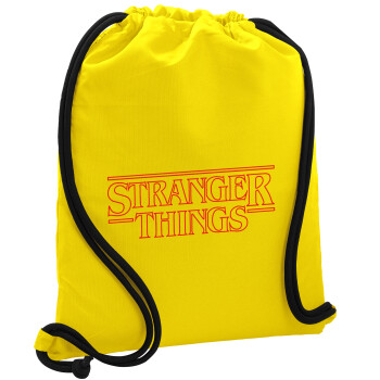 Stranger Things Logo, Backpack pouch GYMBAG Yellow, with pocket (40x48cm) & thick cords