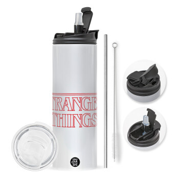 Stranger Things Logo, Travel Tumbler 2 Lids, with metal straw & cleaning brush (Stainless steel 304 Food grade, BPA free, 600ml)