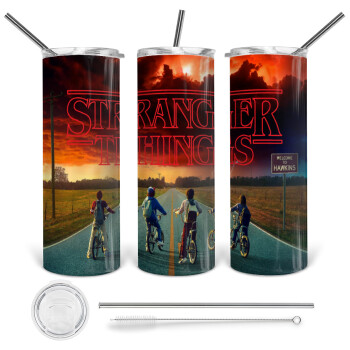 Stranger Things Logo, 360 Eco friendly ποτήρι θερμό (tumbler) από ανοξείδωτο ατσάλι 600ml, με μεταλλικό καλαμάκι & βούρτσα καθαρισμού