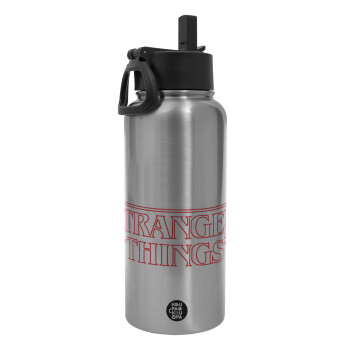 Stranger Things Logo, Metal mug thermo Silver with Straw and Spout Lid (Stainless steel), double wall, 950ml