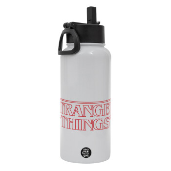 Stranger Things Logo, Metal mug thermo White with Straw and Spout Lid (Stainless steel), double wall, 950ml