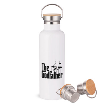 The Godfather, Μεταλλικό παγούρι θερμός (Stainless steel) Λευκό με ξύλινο καπακι (bamboo), διπλού τοιχώματος, 750ml