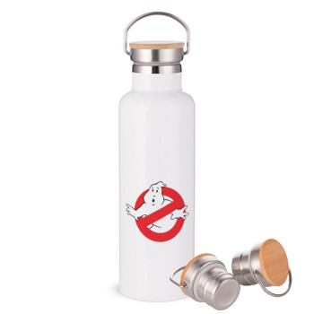 The Ghostbusters, Μεταλλικό παγούρι θερμός (Stainless steel) Λευκό με ξύλινο καπακι (bamboo), διπλού τοιχώματος, 750ml