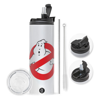 The Ghostbusters, Travel Tumbler θερμό με διπλό καπάκι, μεταλλικό καλαμάκι και βούρτσα καθαρισμού (Ανωξείδωτο 304 Food grade, BPA free, 600ml)