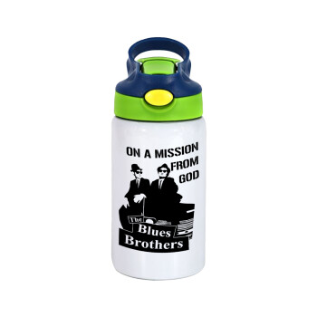 Blues brothers on a mission from God, Children's hot water bottle, stainless steel, with safety straw, green, blue (350ml)