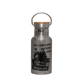 Blues brothers on a mission from God, Stainless steel metallic thermos flask, silver with a bamboo lid, double-walled, 350ml.