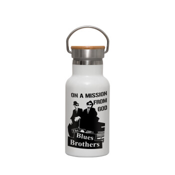 Blues brothers on a mission from God, Metallic thermos (Stainless steel) White with wooden lid (bamboo), double-walled, 350ml