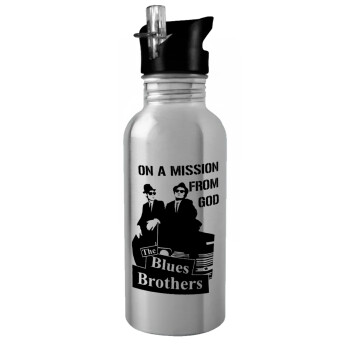 Blues brothers on a mission from God, Water bottle Silver with straw, stainless steel 600ml