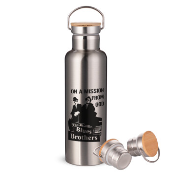 Blues brothers on a mission from God, Stainless steel Silver with wooden lid (bamboo), double wall, 750ml