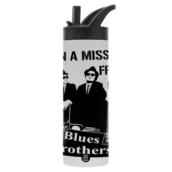 Blues brothers on a mission from God, Μεταλλικό παγούρι θερμός με καλαμάκι & χειρολαβή, ανοξείδωτο ατσάλι (Stainless steel 304), διπλού τοιχώματος, 600ml