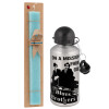 Easter Set, metallic silver aluminum water bottle (500ml) & scented flat Easter candle (30cm) (TURQUOISE)