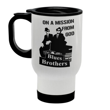 Blues brothers on a mission from God, Stainless steel travel mug with lid, double wall white 450ml