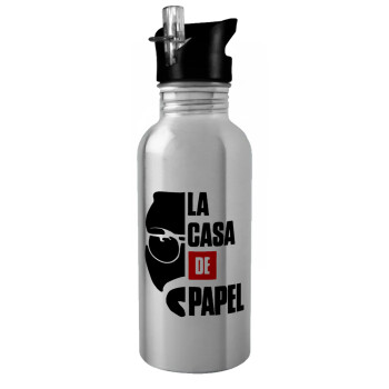 La casa de papel, Water bottle Silver with straw, stainless steel 600ml