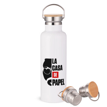 La casa de papel, Stainless steel White with wooden lid (bamboo), double wall, 750ml