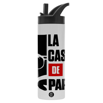 La casa de papel, Metallic thermos bottle with straw & handle, stainless steel (Stainless steel 304), double-walled, 600ml.