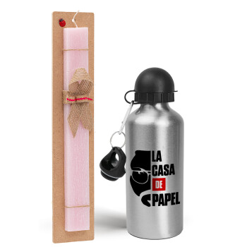 La casa de papel, Easter Set, metallic Silver aluminum water bottle (500ml) & scented flat Easter candle (30cm) (PINK)