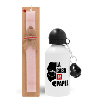 La casa de papel, Easter Set, metallic aluminum bottle (500ml) & aromatic flat Easter candle (30cm) (PINK)